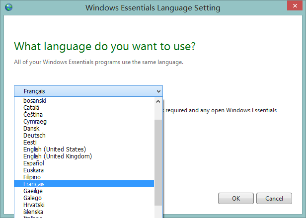 language selector dropdownlist of windows movie maker