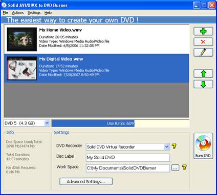 MainFrame of Solid AVI/DIVX to DVD Burner