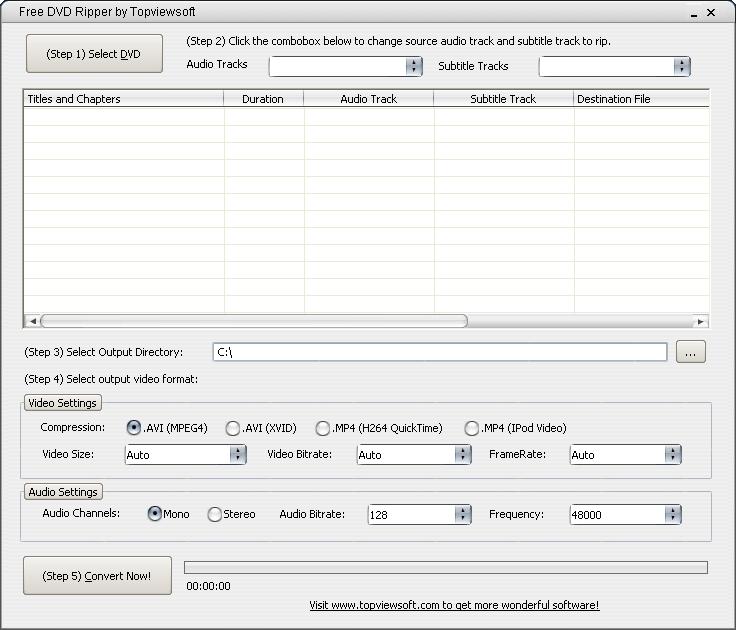 Convert DVD movies to avi, divx, mpeg4, H.264 and iPod MP4 video files.